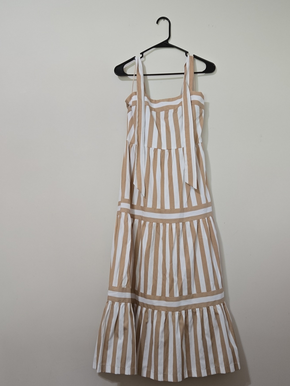 Striped Tie-Shoulder Midi Dress in Beige and White